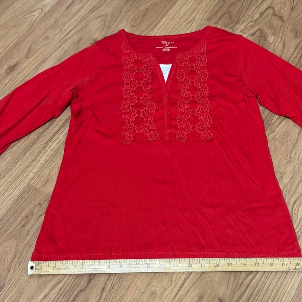 Van Heusen Henley Top Womens L Red Crochet Lace Bib 3/4 Sleeve Cotton Casual - Picture 7 of 7